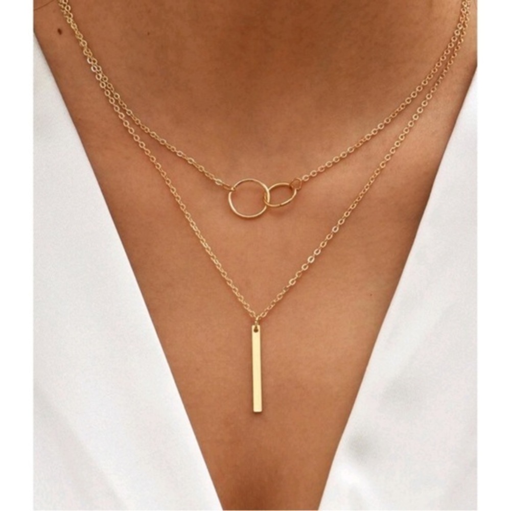 Anthropologie Minimalist Gold Layered Connecting Hoops and Bar Necklace